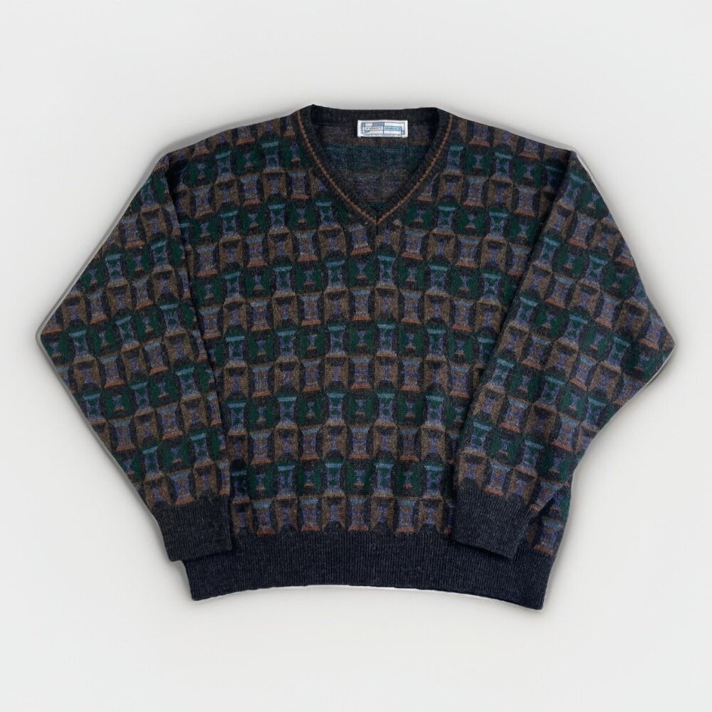 Vintage Men’s Jumper Sweater Italy Wool Blend Functionals Abstract AOP Read*